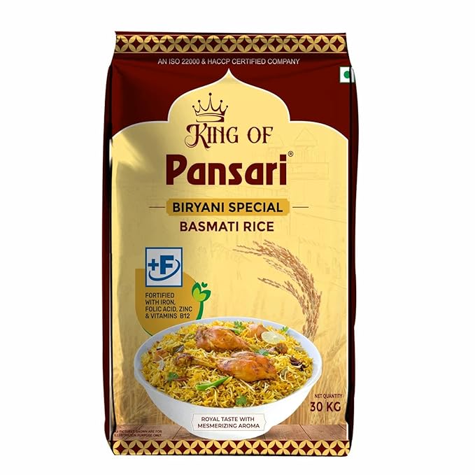 King of Pansari Biryani Basmati Rice 30Kg Bulk Pack | India's 1st Fortified Basmati with Iron, Folic Acid, Zinc & Vitamin B12 | Long Grain Aged Aromatic Rice for Biryani, Pulao & Restaurants